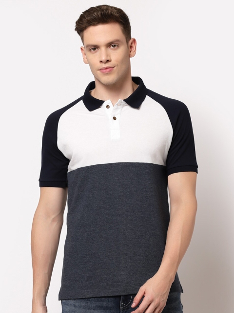 

Kalt Men Blue & White Colourblocked Polo Collar T-shirt