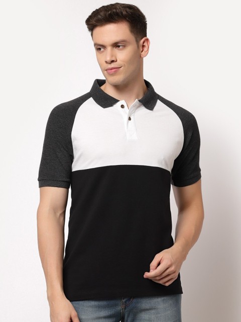 

Kalt Men Black & White Colourblocked Polo Collar Extended Sleeves T-shirt