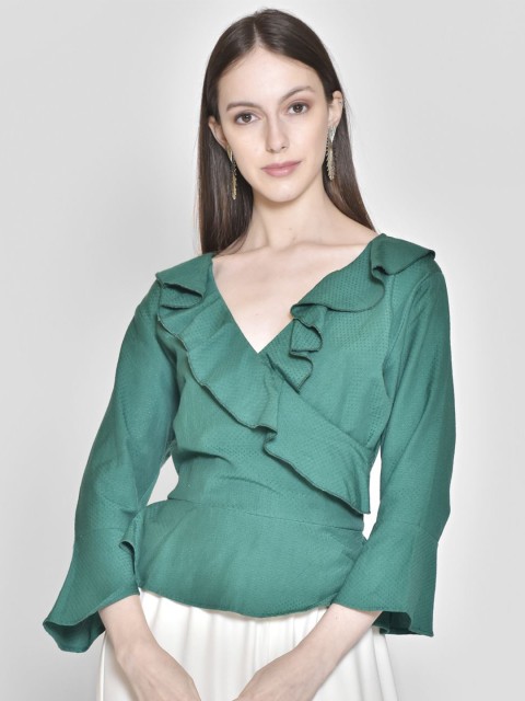 

250 DESIGNS Green Ruffles Georgette Wrap Top