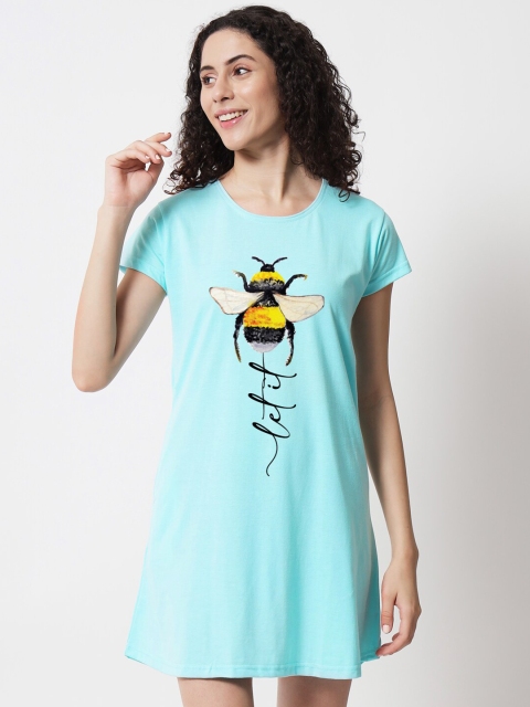 

FFLIRTYGO Women Turquoise Blue Printed Nightdress-GSN_LETITBEE_1004_S-Turquoise