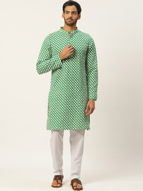 

Molly & Michel Men Green Chikankari Pure Cotton Kurta with Pyjamas