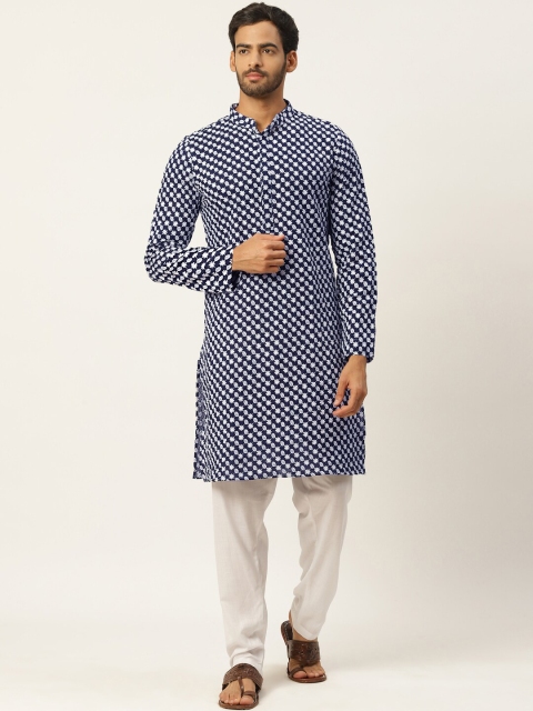 

Molly & Michel Men Blue Ethnic Motifs Embroidered Chikankari Pure Cotton Kurta with Pyjamas