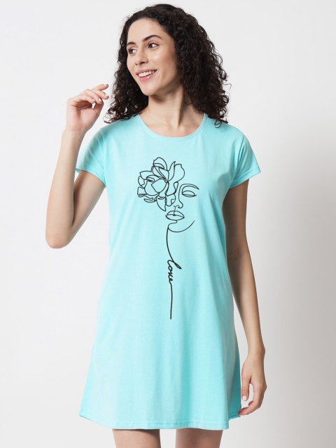 

FFLIRTYGO Turquoise Blue Printed Nightdress