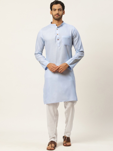 

Molly & Michel Men Turquoise Blue Solid Mandarin Collar Pure Cotton Straight Kurta