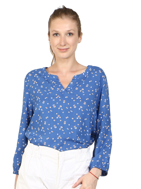 

DRIRO Women Blue Floral Print split neckline Blouson Top