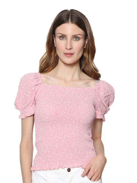

DRIRO Pink & White Print Smocked Pure Silk Top