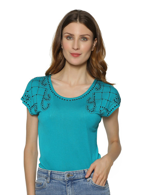 

DRIRO Turquoise Women Blue Extended Sleeves fitted Top, Turquoise blue