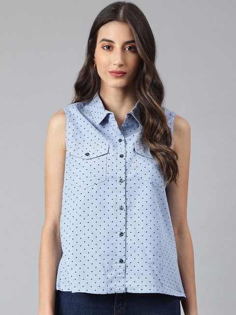 

Xpose Blue Geometric Print Indigo Polka Dots Printed Shirt Style Top