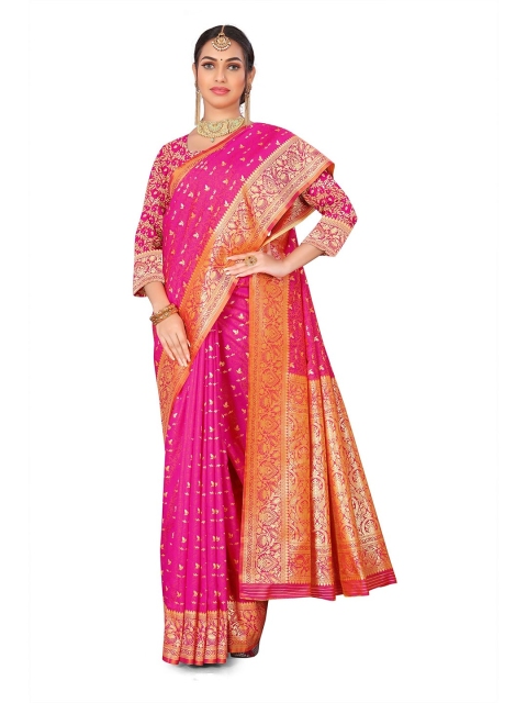 

Rivana Pink & Gold-Toned Ethnic Motifs Zari Pure Silk Fusion Banarasi Saree