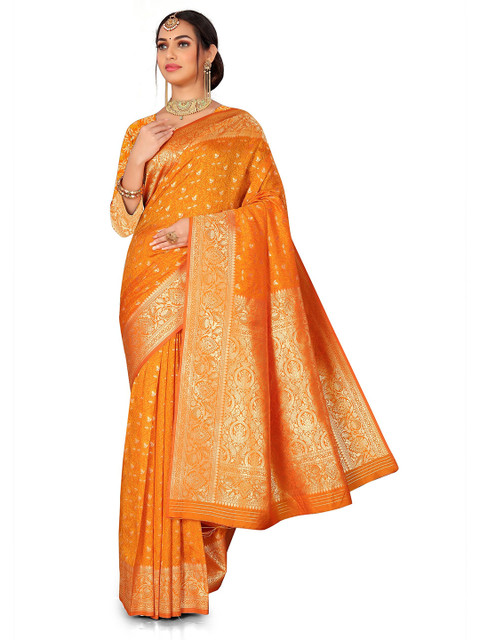 

Rivana Women Ethnic Motifs Zari Pure Silk Fusion Banarasi Saree, Orange