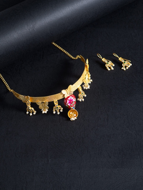 

Golden Peacock Pink & Golden Floral Hand Painted Kundan Studded Choker Jewellery Set