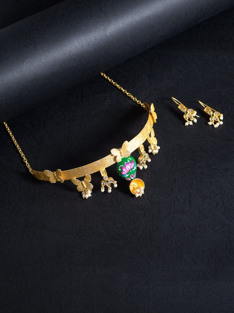 

Golden Peacock Green & Golden Floral Hand Painted Kundan Studded Choker Jewellery Set