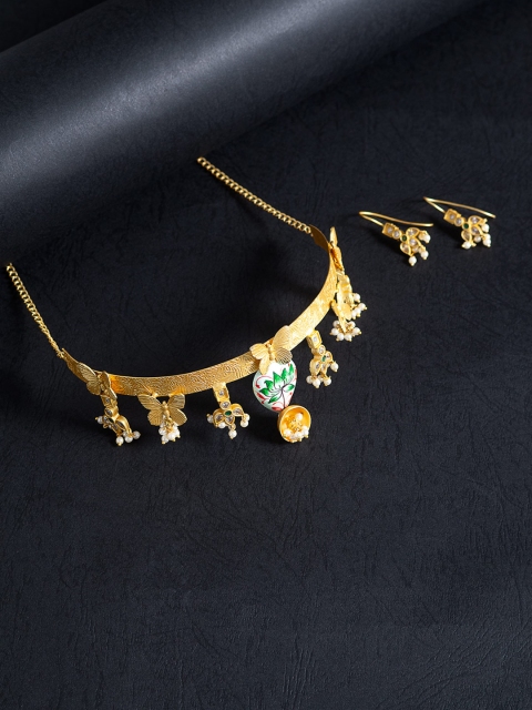 

Golden Peacock Green & Golden Floral Hand Painted Kundan Studded Choker Jewellery Set, Gold
