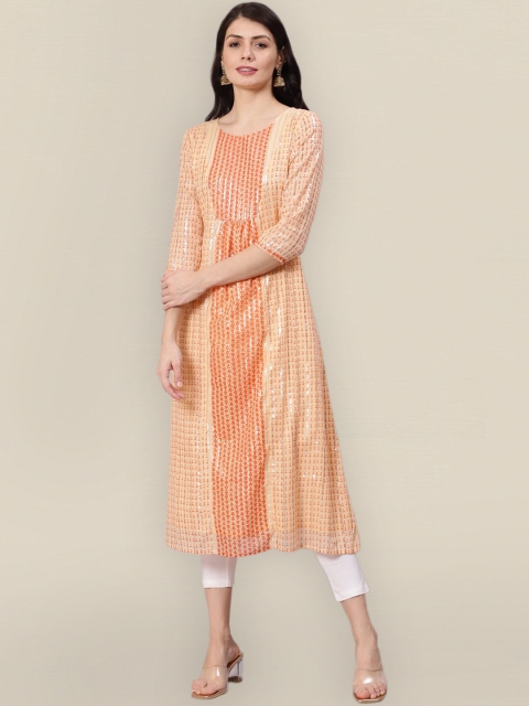 

Sangria Women Peach-Coloured & Orange Printed A-Line Kurta