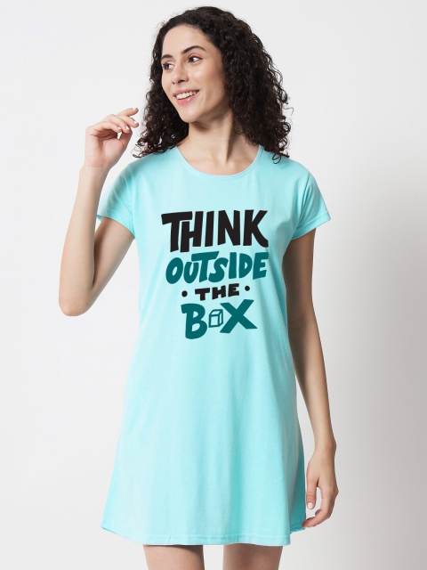 

FFLIRTYGO Turquoise Blue Long Top With Think Outside The Box Printed Nightdress