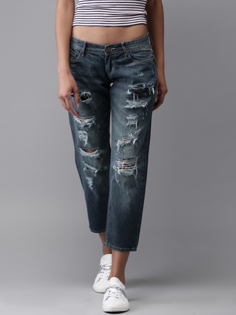 

Moda Rapido Women Cropped Boyfriend Fit Mid-Rise Mildly Distressed Blue Jeans