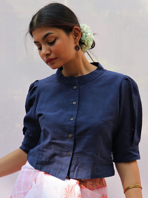 

Chidiyaa Blue & White Embroidered Saree Blouse