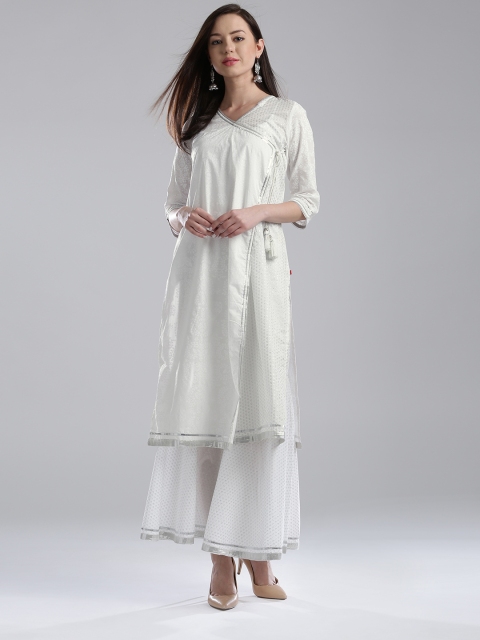 

W Women White Printed Angrakha Kurta