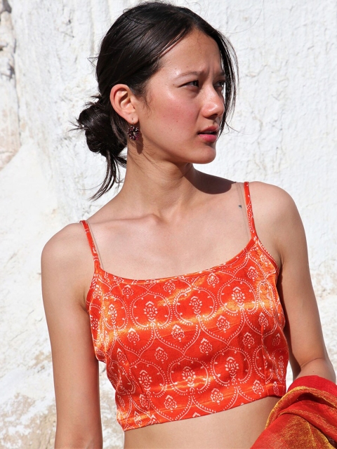 

Chidiyaa Women Orange Block printed Silk Saree Blouse