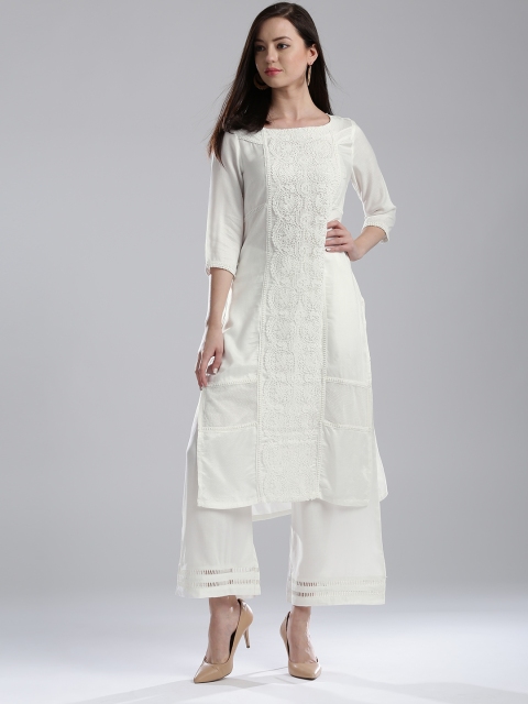 

W Women White Crochet Straight Kurta