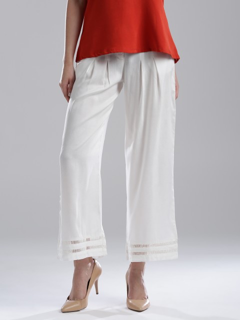 

W Women White Solid Parallel Trousers