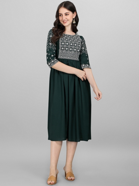 

FabFairy Green Embroidered Midi Round Neck Dress