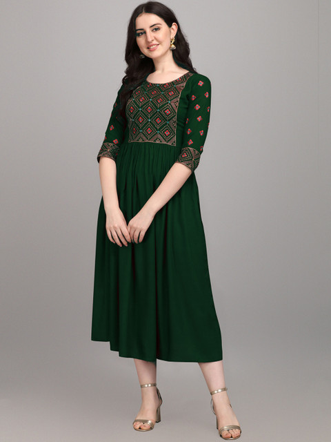 

FabFairy Green Ethnic Embroidered A-Line Maxi Dress