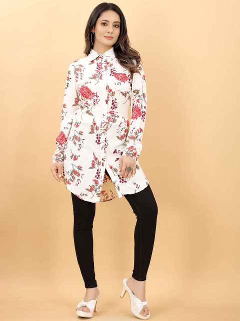 

RACHNA Women White Viscose Rayon Shirt Collar Floral Printed Tunic
