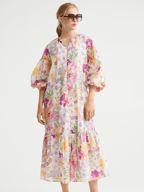 

H&M White & Multicoloured Floral Drop-Waist Pure Cotton Midi Dress