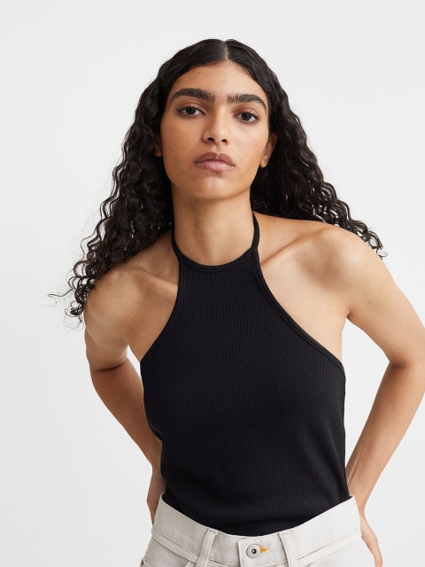

H&M Women Black Ribbed Halterneck Top