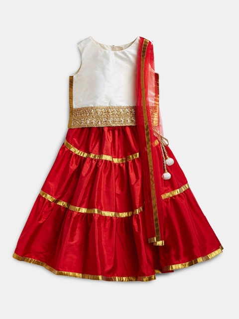 

Hopscotch Girls Grey & Red Embroidered Ready to Wear Lehenga & Blouse With Dupatta