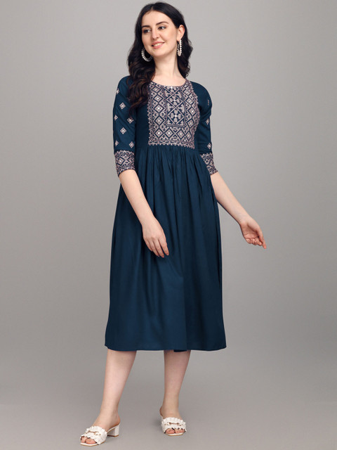 

FabFairy Women Blue Ethnic Motifs Yoke Design Mirror Work Anarkali Kurta