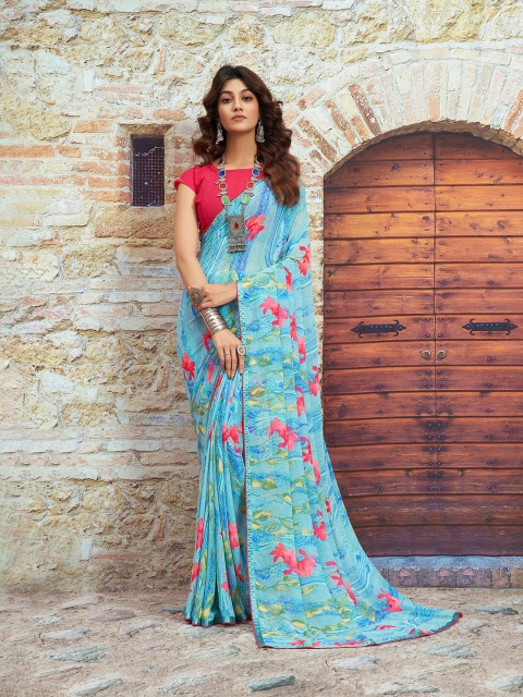 

Shaily Women Blue & Pink Floral Print Pure Georgette Saree