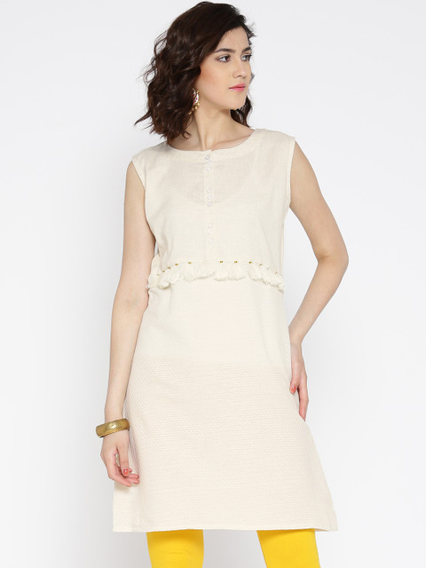 

Jashn Women Off-White Woven Design A-Line Kurta with Tassels