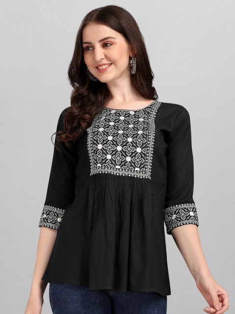 

FabFairy Black & White Embroidered Round Neck Top