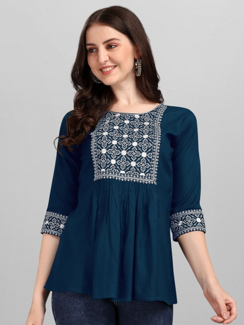 

FabFairy Women Blue Women Embroidered Print Top
