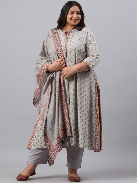 

Juniper Women Grey Plus Size Floral Printed Empire Kurta with Trousers & With Dupatta