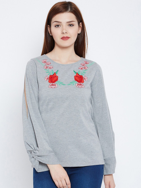 

CHILL WINSTON Women Grey & Red Floral Embroidered Top
