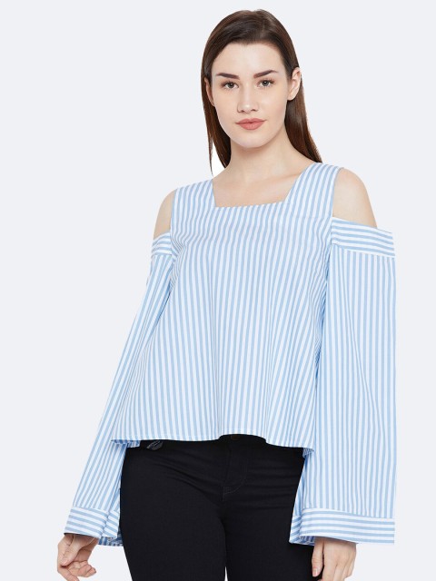 

CHILL WINSTON Turquoise Blue & White Striped Cold-Shoulder Sleeves Top