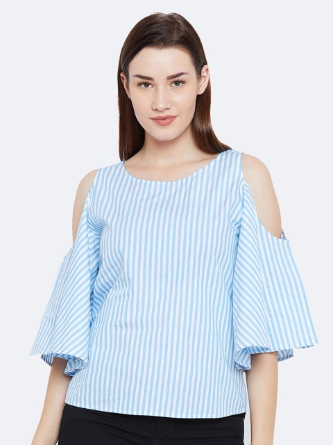 

CHILL WINSTON Turquoise Blue & White Striped Cold-Shoulder Sleeves Top