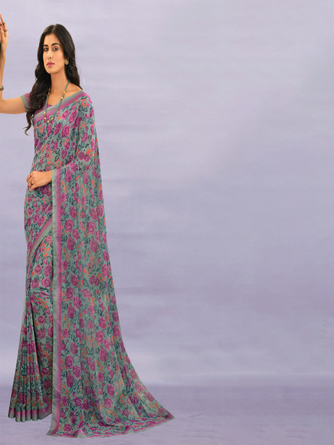 

Zainab chottani Grey & Purple Floral Pure Georgette Block Print Saree