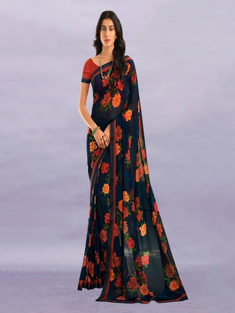 

Zainab chottani Women Blue & Orange Floral Pure Georgette Saree