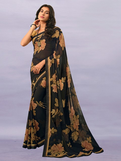 

Zainab chottani Black & Brown Floral Beads and Stones Pure Georgette Block Print Saree