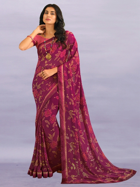 

Zainab chottani Women Purple Floral Pure Georgette Block Print Saree