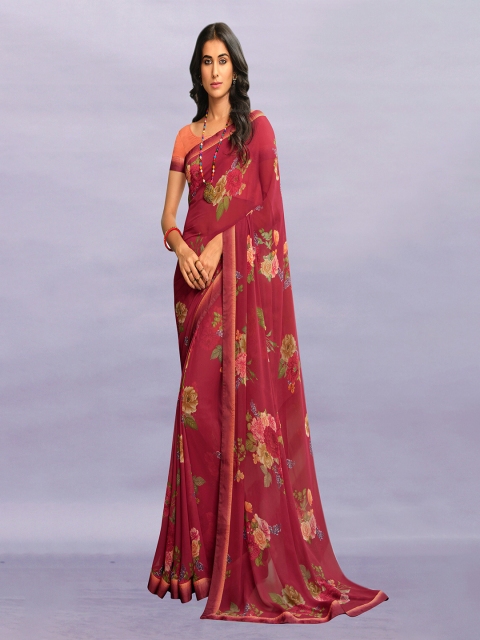 

Zainab Women chottani Maroon & Pink Floral Pure Georgette Block Print Saree