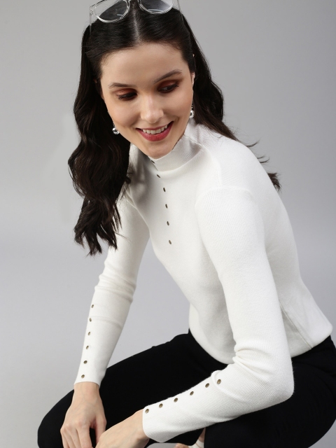 

SHOWOFF White Studded Solid Fitted Top