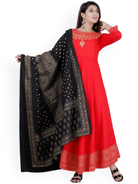 

FABISTA Women Red & Black Ethnic Motifs Yoke Design Anarkali Kurta With Dupatta
