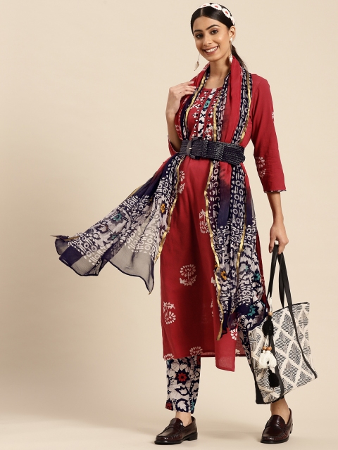 

Sangria Women Maroon Floral Printed Pure Cotton Kurta with Trousers & With Dupatta