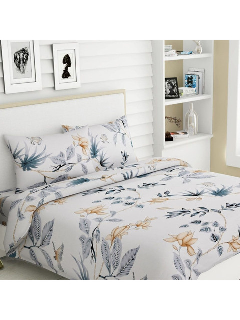 

haus & kinder Grey & Blue Floral 186 TC King Bedsheet with 2 Pillow Covers
