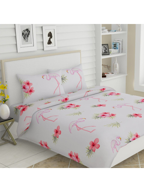 

haus & kinder White & Pink Conversational 186 TC Queen Bedsheet with 2 Pillow Covers